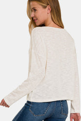 Zenana V-Neck Dropped Shoulder Long Sleeve T-Shirt OutfitFlow